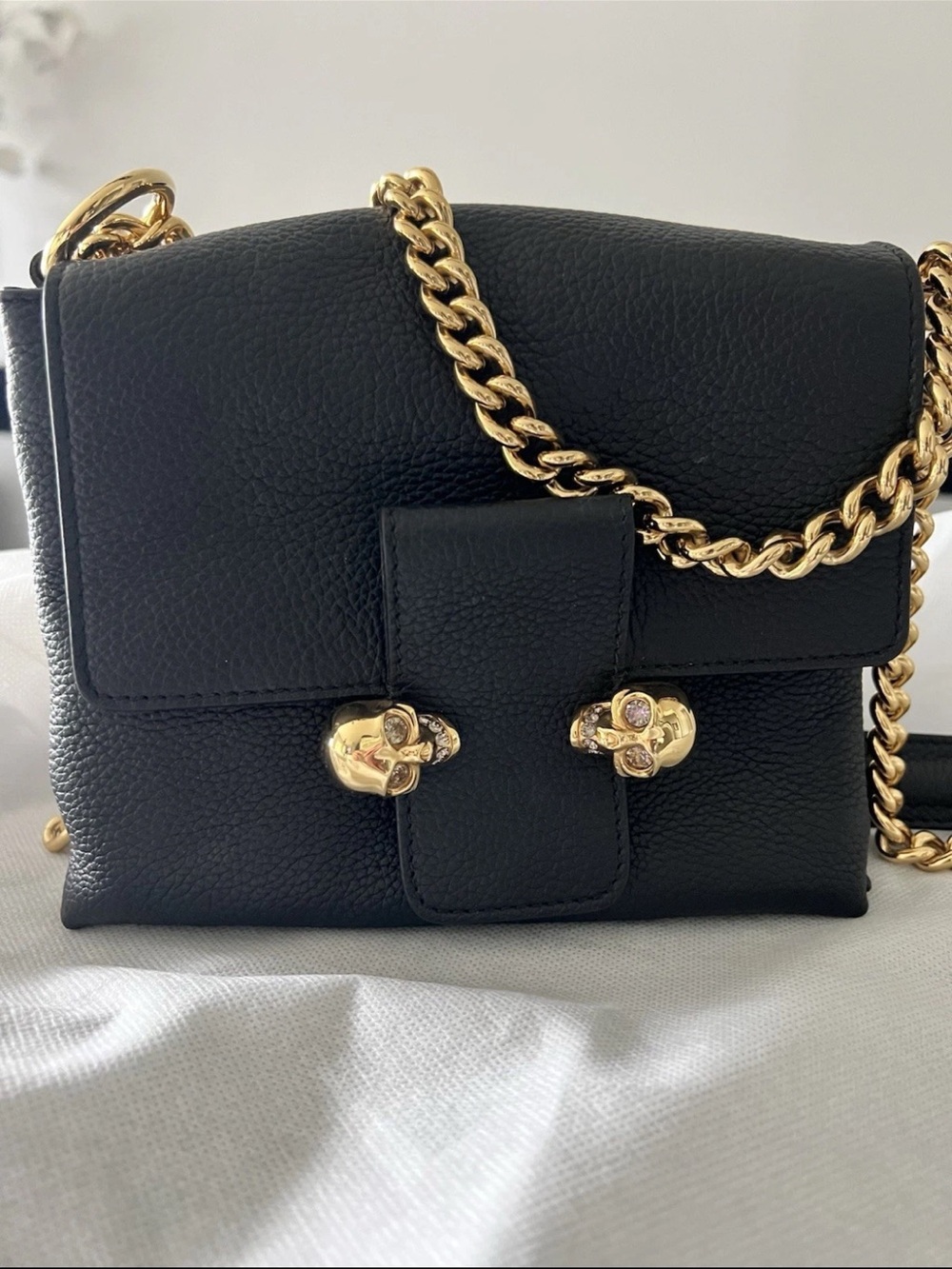 Alexander McQueen Black Leather Crossbody Bag with Gold Chain